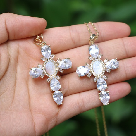 retro Catholic cross copper micro-set zircon shell copper necklace pendant jewelry's discount tags