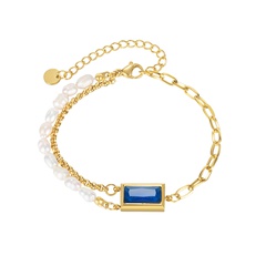 fashion rectangular sapphire stitching chain freshwater pearl stainless steel bracelet