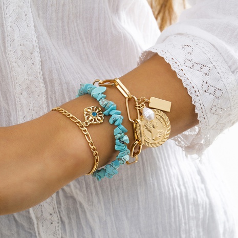 ethnic irregular turquoise woven jewelry retro portrait water drop pearl bracelet's discount tags