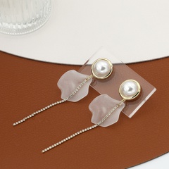 fashion flower long tassel pearl inlaid zircon copper earrings