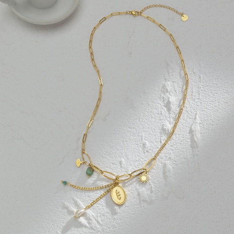 Ladies niche luxury feeling popular leaf turquoise tassel titanium necklace's discount tags