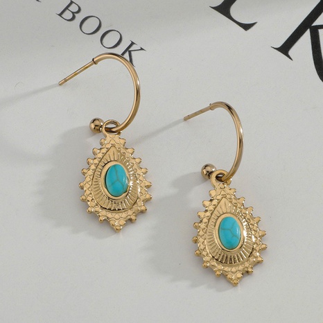 European and American new simple titanium steel oval turquoise pendant earrings's discount tags