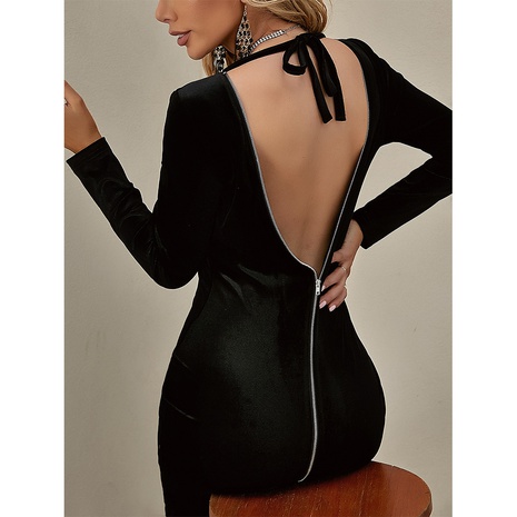 Europe and the United States solid color backless waist long-sleeved dress's discount tags