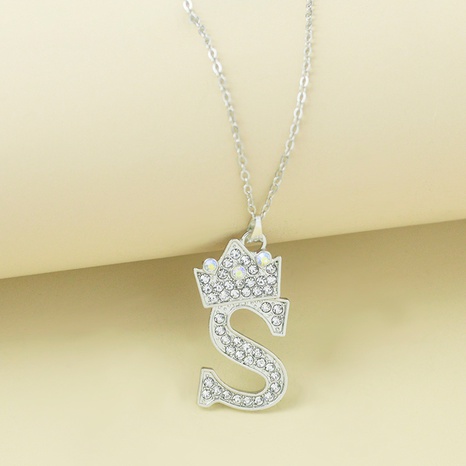Fashion alloy silver diamond crown 26 letters necklace wholesale  NHHED603629's discount tags