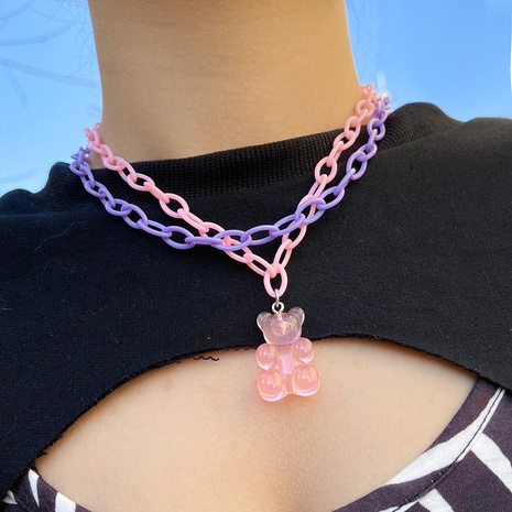 pink cute bear contrast color double-layer acrylic necklace NHPV593904's discount tags