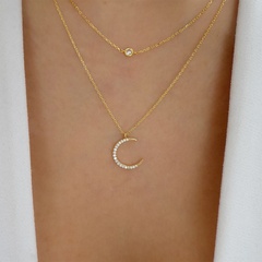 fashion simple double layered rhinestone moon pendant alloy necklace