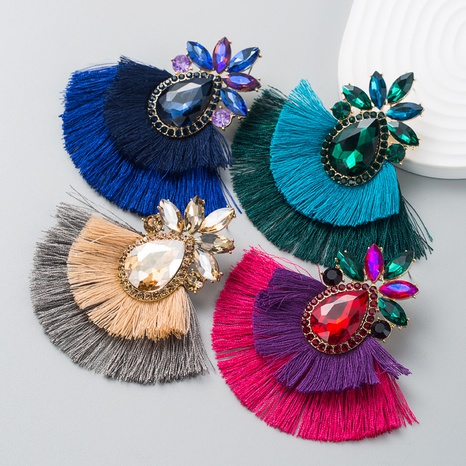 fashion bohemian alloy inlaid color rhinestone double-layer tassel earrings's discount tags