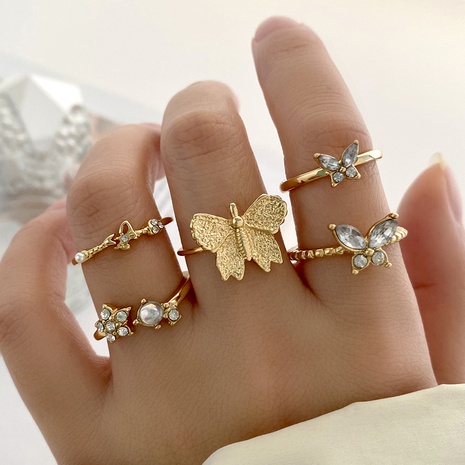 diamond butterfly creative retro personality pentagram joint ring set 5-piece  NHPJ594095's discount tags