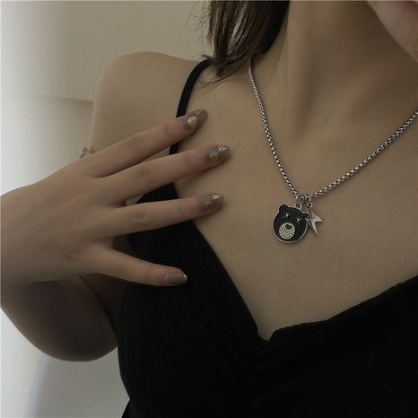 fashion titanium steel necklace cute black little bear pendant sweater chain  NHYQ594181's discount tags