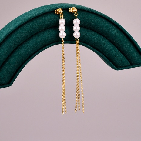 pearls exaggerated three-dimensional tassel titanium steel earring NHAB594386's discount tags
