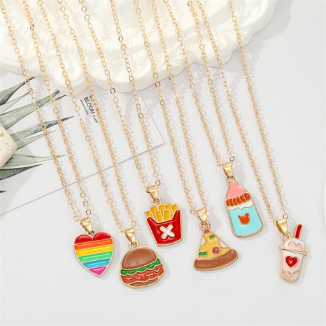 Korean creative personality alloy dripping oil French fries pizza food pendant necklace's discount tags