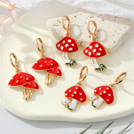 cute metal dripping oil pearl contrast color red mushroom earrings's discount tags