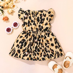 Leopard print baby flying sleeve dress round neck children's clothing