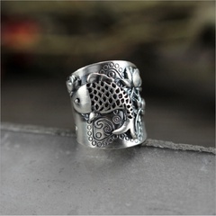 Fashion ethnic carved carp open wide retro old lotus copper ring