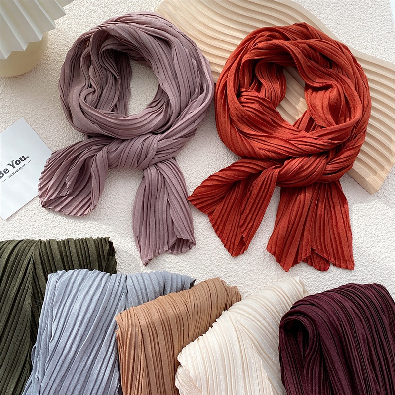 Solid color long pleated cotton and linen silk scarf female Korean decorative scarf