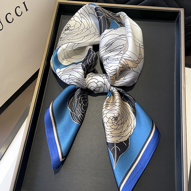 Blue camellia silk scarf female gift for mother 100 mulberry silk small square scarf