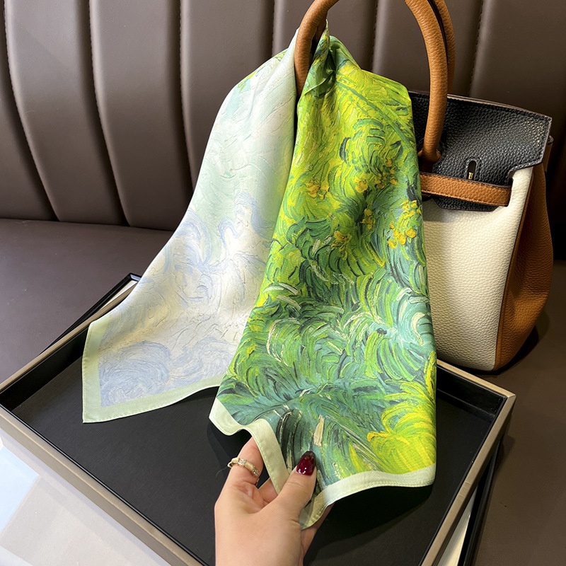 Summer green wheat field oil painting mulberry silk twill silk 70cm square scarf