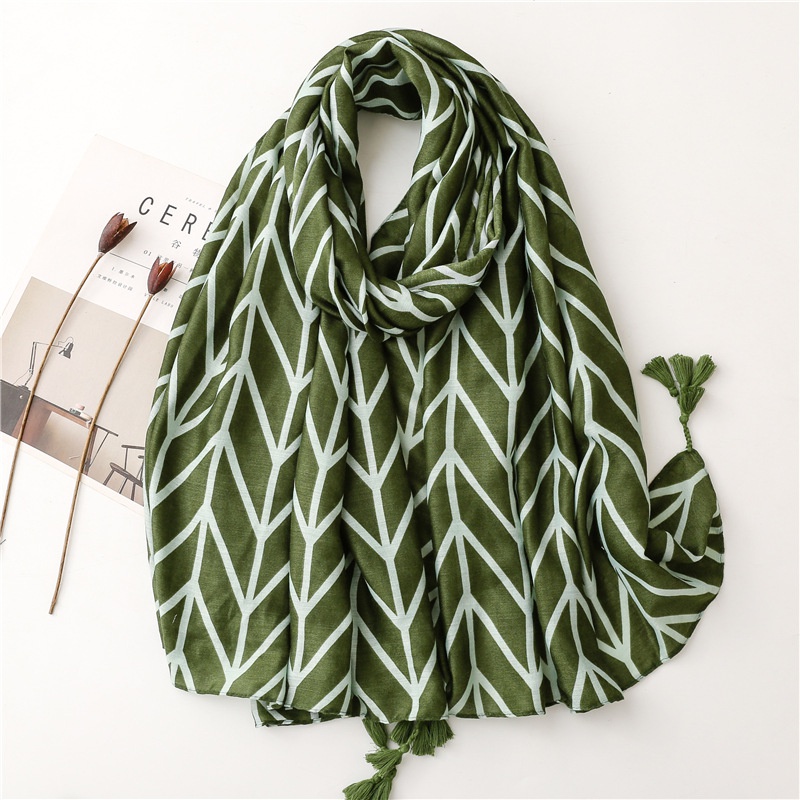 fashion tropical plant leaf veins cotton and linen handfeeling herringbone pattern silk scarf