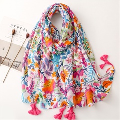 wholesale bright color creative colorful flowers cotton and linen long hanging tassel shawl