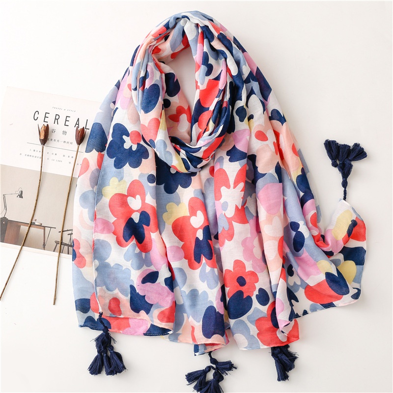 fashion blues camouflage flowers cotton and linen long hanging tassel shawl women