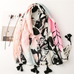 wholesale tropical plant flower printing cotton and linen beach towel long hanging tassel shawl