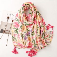 wholesale color tropical plant flower printing cotton and linen long hanging tassel shawl women