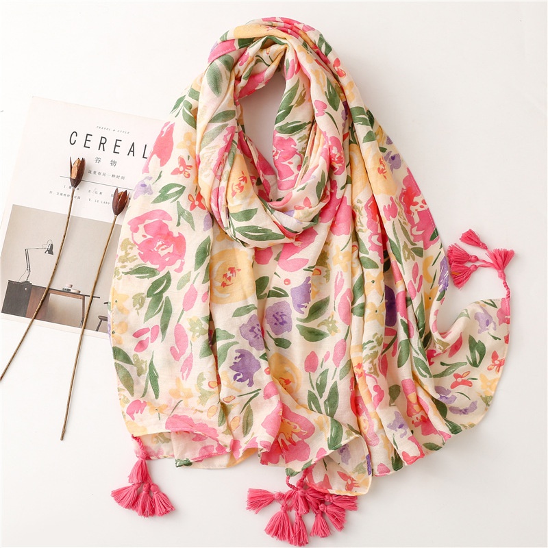 wholesale color tropical plant flower printing cotton and linen long hanging tassel shawl women