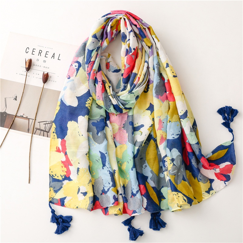 wholesale tropical plant camouflage flower cotton and linen long hanging tassel shawl female