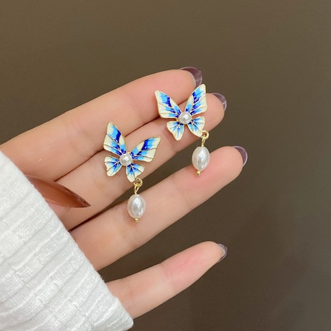 retro Chinese butterfly pearl pendant blue gradient earrings female  NHBY601259's discount tags