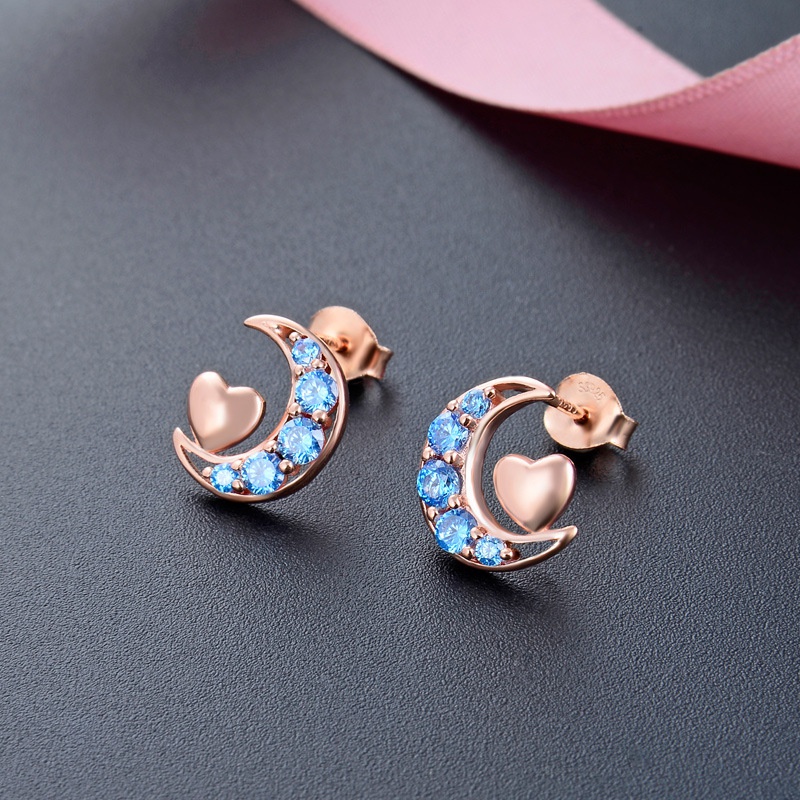 simple diamondset moon heart S925 silver earrings Korean zircon womens earrings