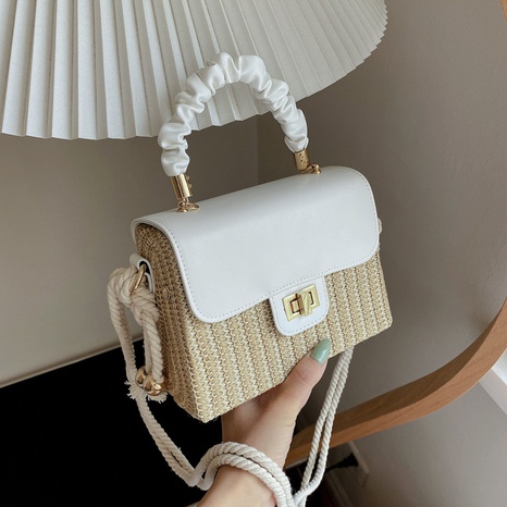 retro contrast color one-shoulder straw handbag messenger new rattan bag's discount tags