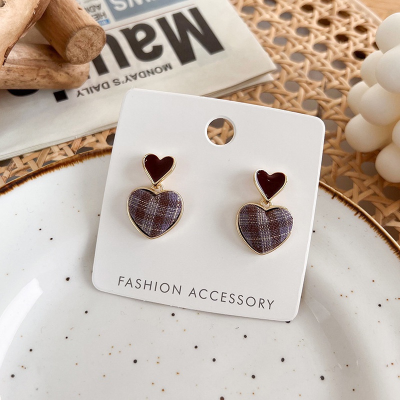 autumn and winter new style plush cloth love earrings retro plaid alloy earrings