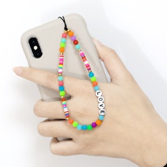 bohemian style rainbow soft pottery mobile phone chain colorful beads diy letter LOVE pendant