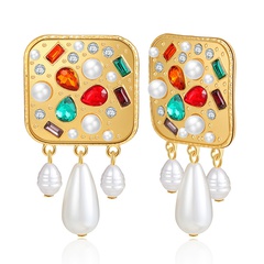 retro diamond stud earrings geometric square pearl earrings personalized alloy earrings