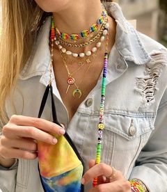 Boho Rainbow Soft Pottery Smiley Face Mask Glasses Chain Necklace