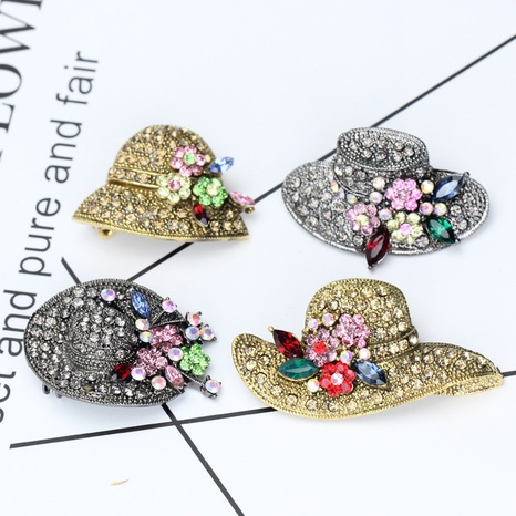 Customized retro enamel flowers diamond collar pin literary fan straw hat's discount tags