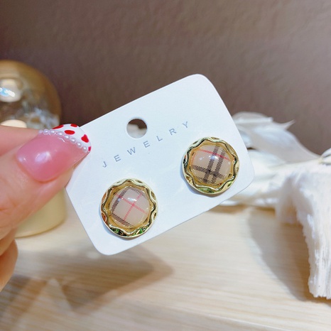 Korean niche design geometric round earrings fashion plaid stud earrings's discount tags