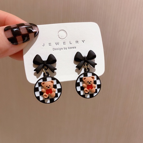 Sweet black bow earrings cute cartoon bear earrings new trendy checkerboard earrings NHENY602997's discount tags