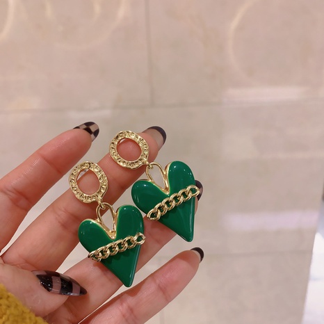 Oil drop chain green heart earrings new Korean three-dimensional heart earrings female NHENY603001's discount tags