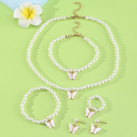 Bijoux pour enfants style coréen simple papillon collier de perles bague bracelet boucle d'oreille ensemble's discount tags