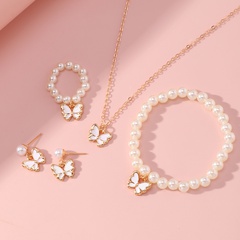 new butterfly pendant pearl bracelet children's ring earrings jewelry set wholesale
