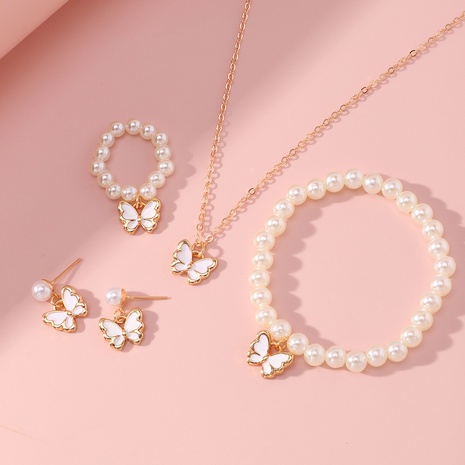 new butterfly pendant pearl bracelet children's ring earrings jewelry set wholesale NHNU603322's discount tags