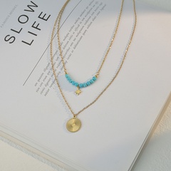 simple double-layer turquoise round pendant retro clavicle chain