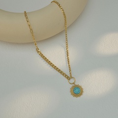 vintage titanium steel stitching Cuban chain turquoise round pattern necklace