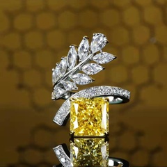 Fashion inlaid zircon leaf yellow diamond ring ice flower copper ring