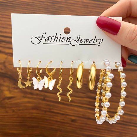 New Simple Jewelry Drop Oil Butterfly Snake Pearl Boucles d'oreilles Ensemble de 5 pièces's discount tags