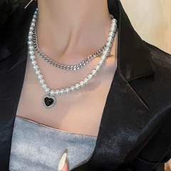 creative simple multi-layer black heart double-layer pearl chain alloy necklace