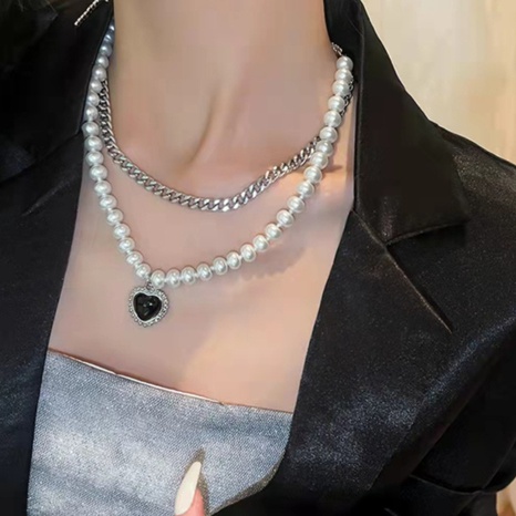 creative simple multi-layer black heart double-layer pearl chain alloy necklace NHYI603664's discount tags