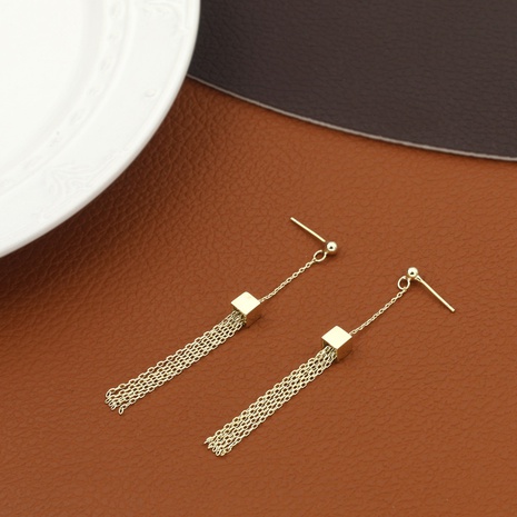 Simple light luxury solid cube tassel pendent copper earrings's discount tags