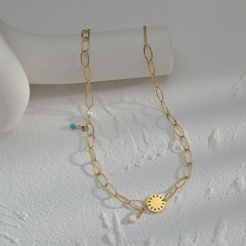 Vintage Hollow Chain Circle Pendant Turquoise Pearl Trend Titanium Steel Necklace